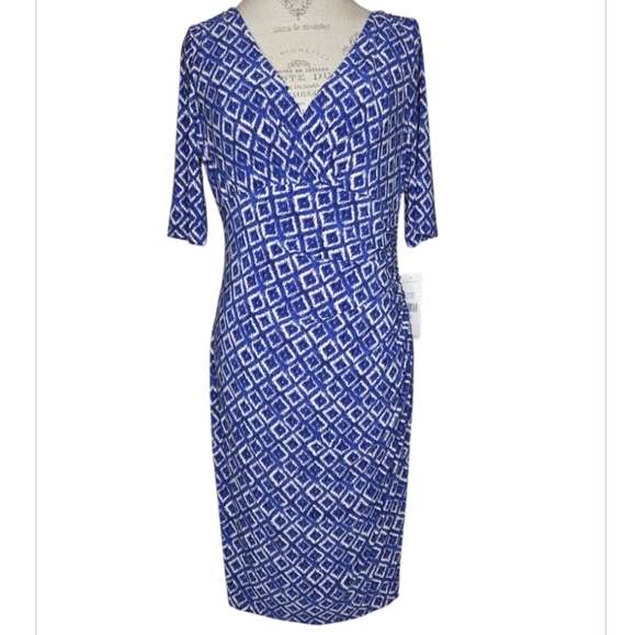 Lauren Ralph Lauren Surplice Bodice Faux Wrap Dress Blue Ikat Size 12 NWT - Picture 1 of 9